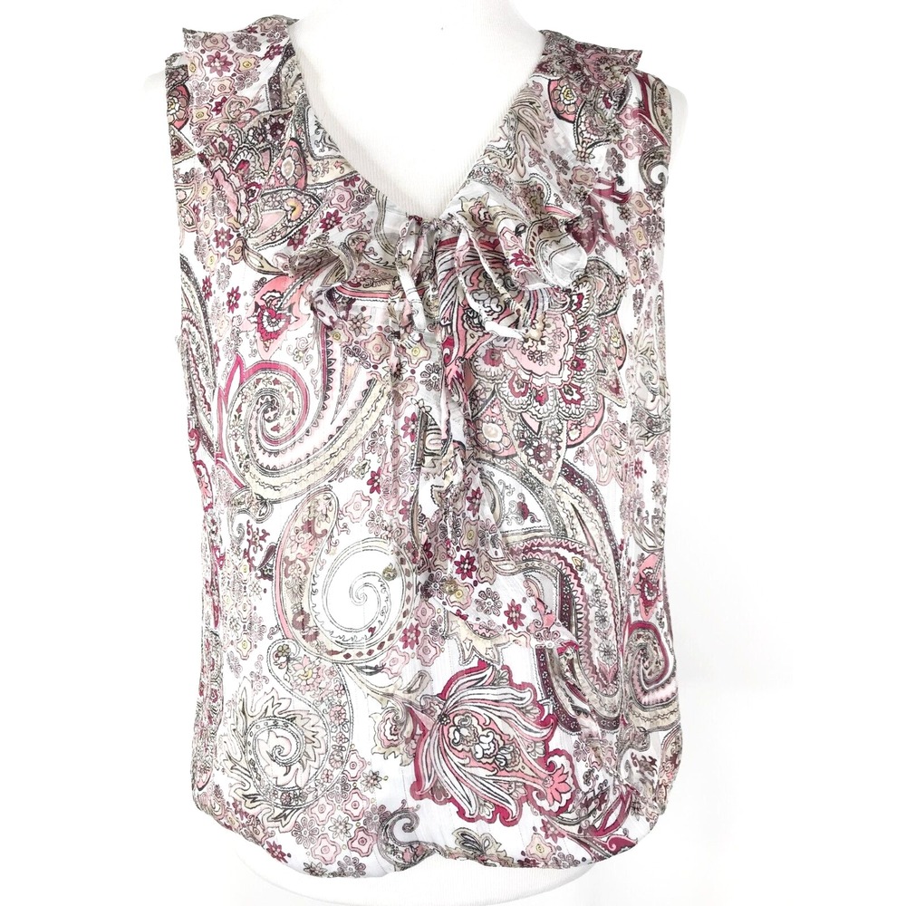 White House Black Market Top Womens 8 Pink Floral Paisley Ruffle Peasant Fairy